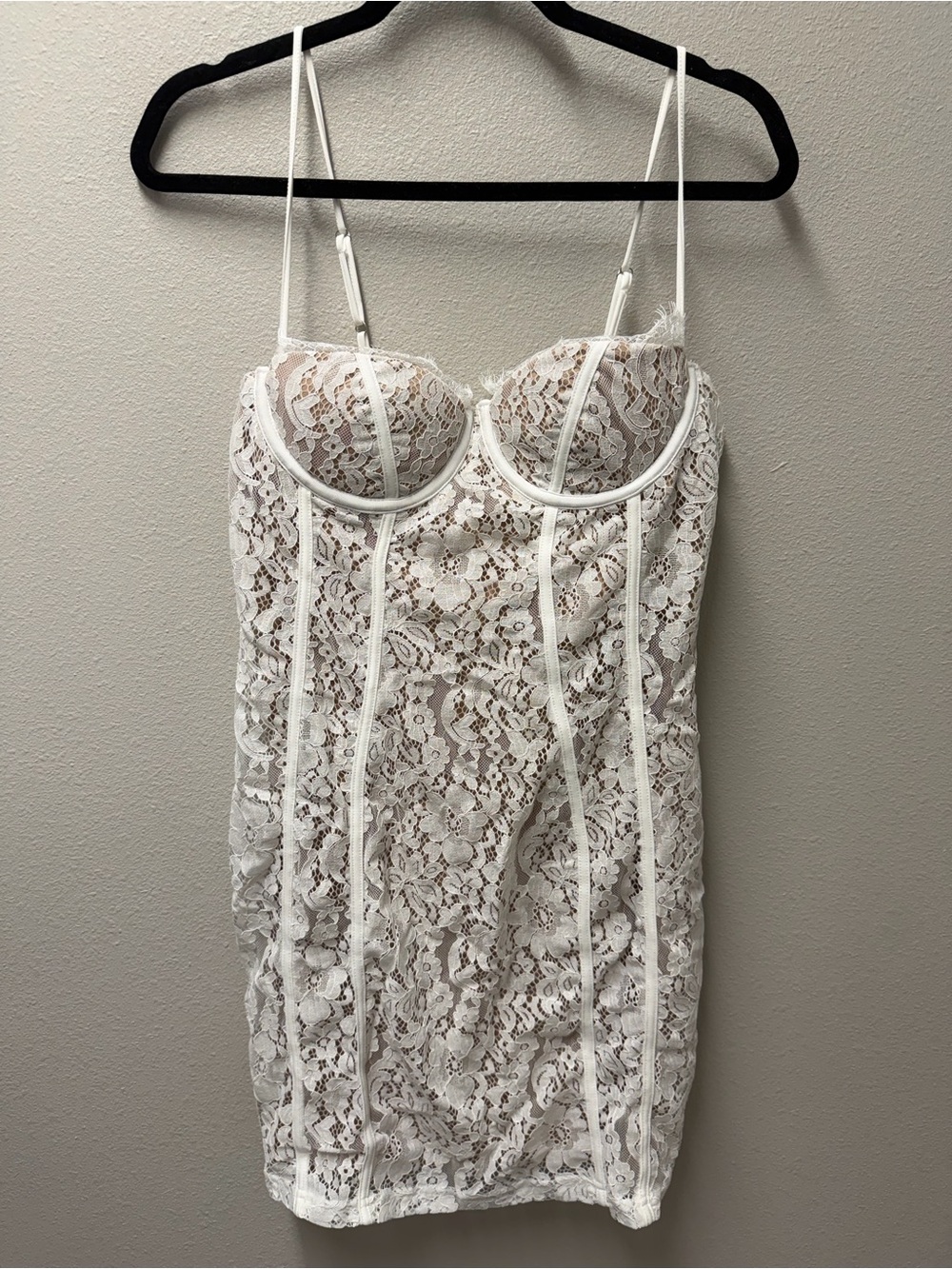 Fashion Nova White Lace Mini Dress with Nude Lining Size L